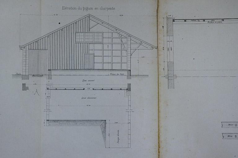 Halle à marchandises de 15 m de largeur. Type de la Cie de Paris Lyon - Méditerranée. D 1 [mur pignon : plan, coupe et élévation], 1880.