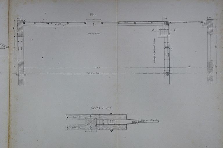 Halle à marchandises de 15 m de largeur. Type de la Cie de Paris Lyon - Méditerranée. D 1 [plan de la 1ère travée et détail], 1880.