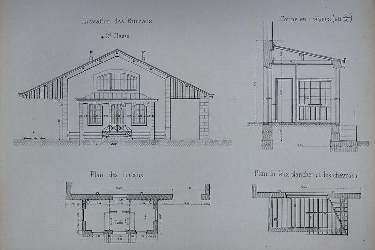 Halle à marchandises de 12 mètres de largeur avec bureau de la petite vitesse. Type de la Cie de Paris - Lyon - Méditerranée. D 2 [bureau : plan, coupe et élévation], 1880.