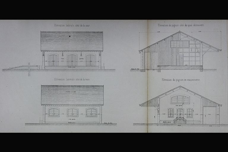 Halle à marchandises avec quais de 12 m de largeur. Type de la Cie de Paris - Lyon - Méditerranée. D 3 [élévations], 1880.