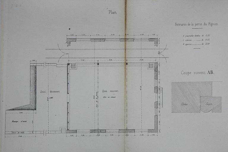 Halle à marchandises avec quais de 12 m de largeur. Type de la Cie de Paris - Lyon - Méditerranée. D 3 [plan et détail], 1880.