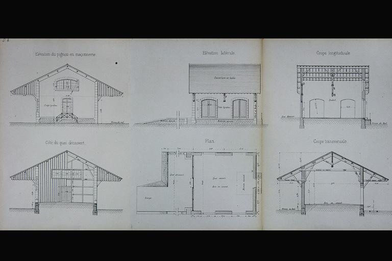 Halle à marchandises de 10 mètres de largeur. Type de la Cie de Paris - Lyon - Méditerranée. D 4 [plan, coupes et élévations], 1880.