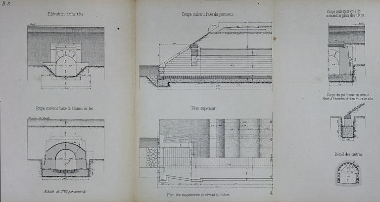 Aqueduc voûté de 1 m 50 d'ouverture. Type de la Cie Paris - Lyon Méditerranée. B 8 [plan, coupes et élévation], 1879.