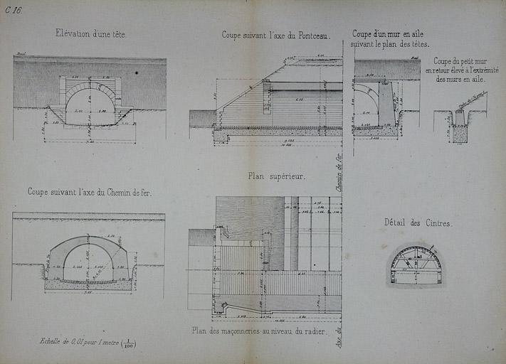 Pont sous rails de 4 m d'ouverture. Type de la Compagnie de Paris Lyon - Méditerranée. C 16 [plan, coupes et élévation], 1879.