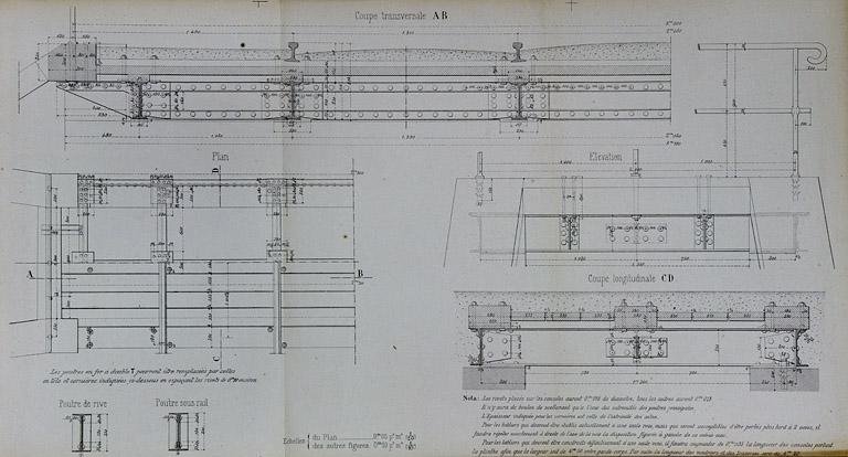 Pont sous rails à tablier métallique de 1 m 50 d'ouverture. Type de la Compagnie de Paris - Lyon - Méditerranée. E 29 [détails du tablier : plan, coupes et élévation], 1879.