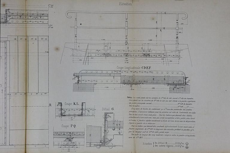 Pont sous rails à tablier métallique de 1 m 50 d'ouverture. Type de la Compagnie de Paris - Lyon - Méditerranée. E 29 [détails du tablier : coupes et élévation], 1879.