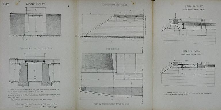 Pont sous rails à tablier métallique de 2 m d'ouverture. Type de la Compagnie de Paris - Lyon - Méditerranée. E 30 [plan, coupes, élévation et détails], 1879.