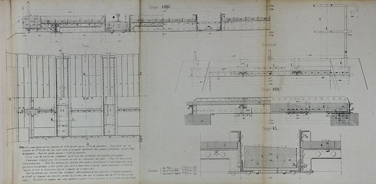 Pont sous rails à tablier métallique de 2 m d'ouverture. Type de la Compagnie de Paris - Lyon - Méditerranée. E 30 [détails du tablier : plan, coupes et élévation], 1879.