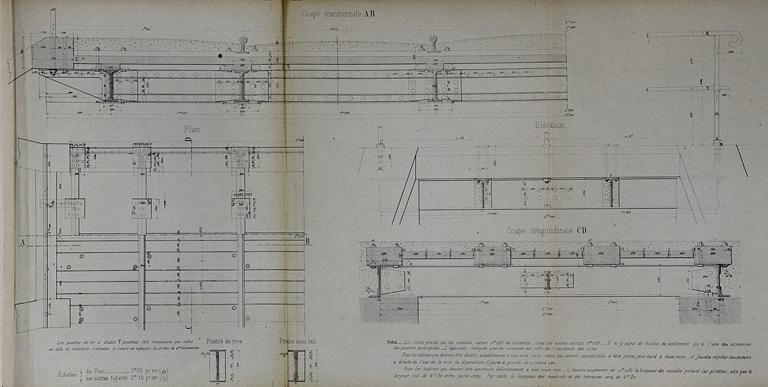 Pont sous rails à tablier métallique de 2 m d'ouverture. Type de la Compagnie de Paris - Lyon - Méditerranée. E 30 [détails du tablier : plan, coupes et élévation], 1879.