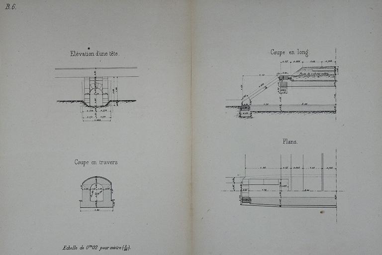 Aqueduc voûté de 0 m 70 d'ouverture. Type de la Compagnie de l'Est. B 6 [plans, coupes et élévation], 1879.