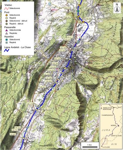 Carte et schéma de localisation des ouvrages : d'Arbent à Martignat.