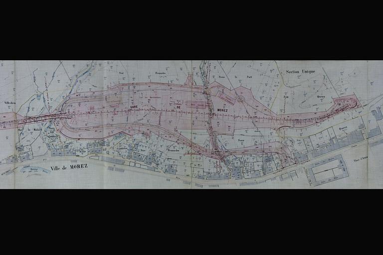 Plan parcellaire des terrains à acquérir dans la traversée de la commune de Morez sur une longueur de 1323,50 m, 1894.