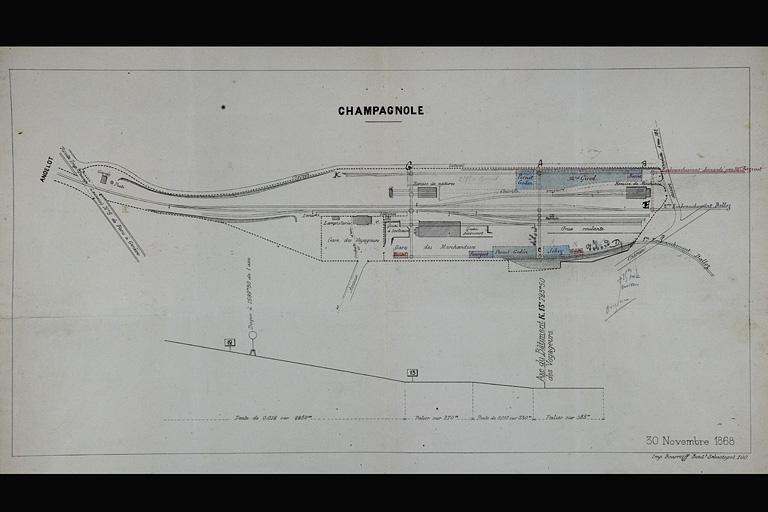 Gare de Champagnole. Plan indiquant les locations et les embranchements particuliers, 1875.