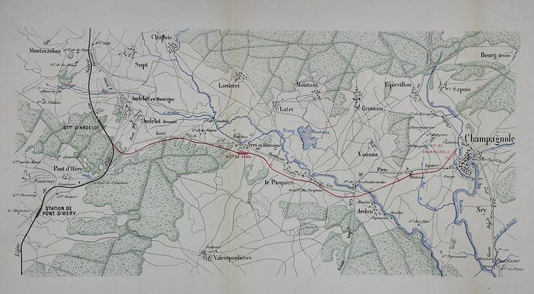 Compagnie des chemins de fer de Paris à Lyon et à la Méditerranée. Embranchement d'Andelot à Champagnole. Carte générale indiquant les stations projetées, 1864.