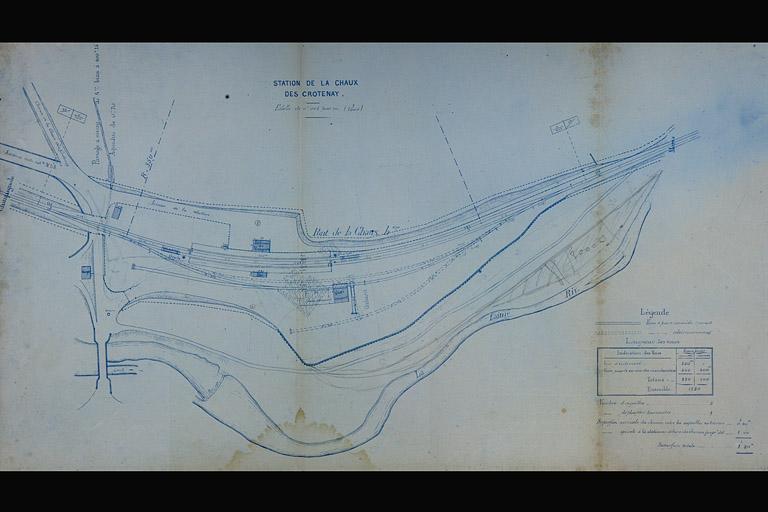 Plan au 1/1000 de l'emplacement de la station de La Chaux-des-Crotenay avec indication des voies d'accès, 1880.