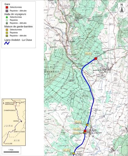 Carte et schéma de localisation des ouvrages : d'Andelot-en-Montagne à Vers-en-Montagne.