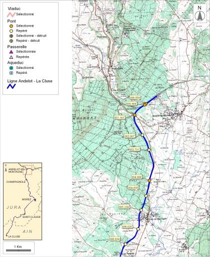 Carte et schéma de localisation des ouvrages : d'Andelot-en-Montagne à Vers-en-Montagne.