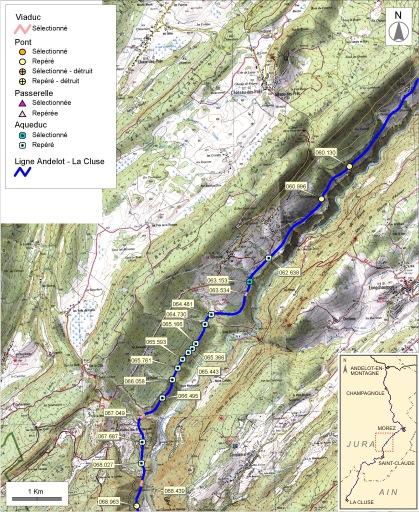 Carte et schéma de localisation des ouvrages : de Lézat à Valfin-lès-Saint-Claude.