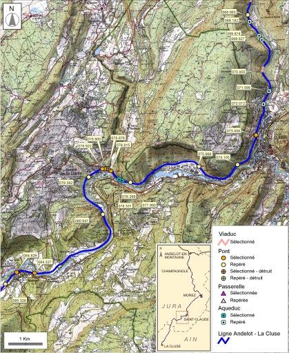 Carte et schéma de localisation des ouvrages : de Valfin-lès-Saint-Claude à Molinges.