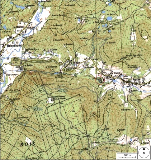 Carte de localisation. Carte topographique au 1:25000, I.G.N., Ballon d'Alsace, 3520 E. SCAN 25 © IGN - 2008, Licence n°2008CISE29-68.