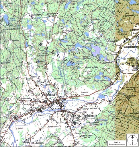 Carte de localisation. Carte topographique au 1:25000, I.G.N., Mélisey, 3520 O. SCAN 25 © IGN - 2008, Licence n°2008CISE29-68.
