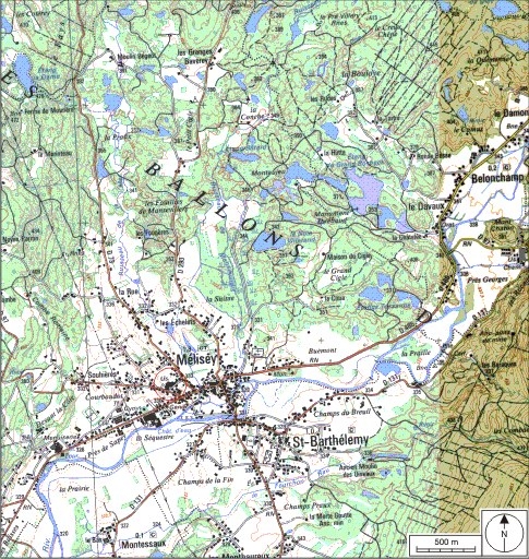 Carte de localisation. Carte topographique au 1:25000, I.G.N., Mélisey, 3520 O. SCAN 25 © IGN - 2008, Licence n°2008CISE29-68.