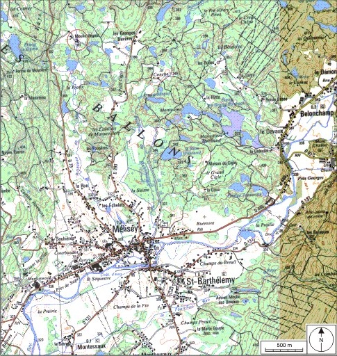 Carte de localisation. Carte topographique au 1:25000, I.G.N., Mélisey, 3520 O. SCAN 25 © IGN - 2008, Licence n°2008CISE29-68.