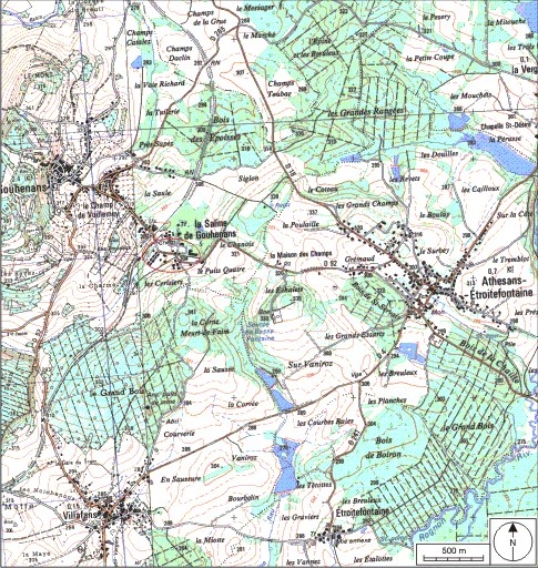 Carte de localisation. Carte topographique au 1:25000, I.G.N., Villersexel, 3421 E. SCAN 25 © IGN - 2008, Licence n°2008CISE29-68.