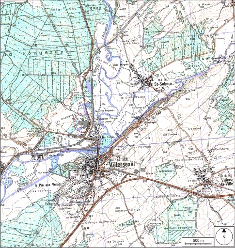 Carte de localisation. Carte topographique au 1:25000, I.G.N., Villersexel, 3421 E. SCAN 25 © IGN - 2008, Licence n°2008CISE29-68.