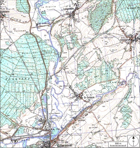 Carte de localisation. Carte topographique au 1:25000, I.G.N., Villersexel, 3421 E. SCAN 25 © IGN - 2008, Licence n°2008CISE29-68.