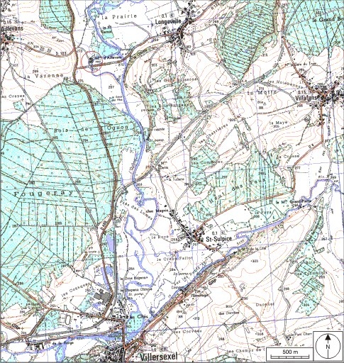 Carte de localisation. Carte topographique au 1:25 000, I.G.N., Villersexel, 3421 E. SCAN 25 © IGN - 2008, Licence n°2008CISE29-68.