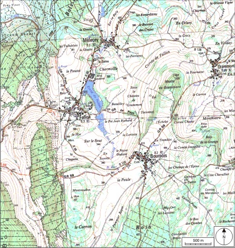 Carte de localisation. Carte topographique au 1:25000, I.G.N., L'Isle-sur-le-Doubs, 3522 O. SCAN 25 © IGN - 2008, Licence n°2008CISE29-68.