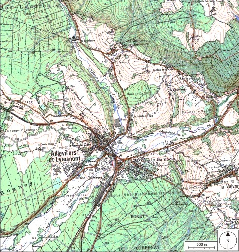 Carte de localisation. Carte topographique au 1:25000, I.G.N., Saint-Loup-sur-Semouse, 3419 O. SCAN 25 © IGN - 2008, Licence n°2008CISE29-68.