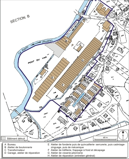 Plan-masse de l'usine. Extrait du plan cadastral numérisé, 2008, section B, échelle 1:1250, réduit à 1:2000. Source : Direction générale des Finances Publiques - Cadastre ; mise à jour : 2008.