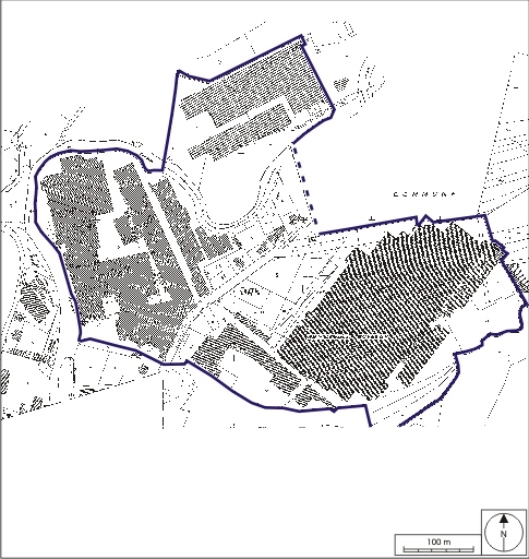 Plan-masse et de situation.Montage d'extraits de plans cadastraux, 2008, Saint-Loup-sur-Semouse, section AD et Magnoncourt, section A, l'ensemble ramené à 1:4200. Source : Direction générale des Finances Publiques - Cadastre ; mise à jour : 2008.