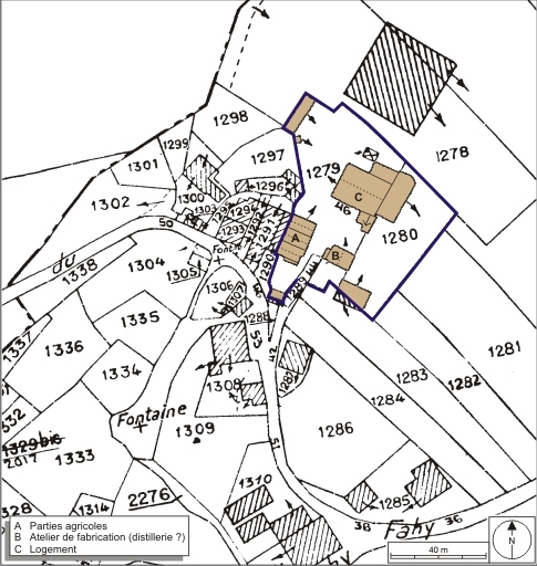 Plan-masse et de situation. Extrait du plan cadastral numérisé, 2008, section A, 1:2500 agrandi à 1:1250. Source : Direction générale des Finances Publiques - Cadastre ; mise à jour : 2008.