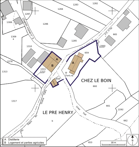 Plan-masse et de situation. Extrait du plan cadastral numérisé, 2008, section A, 1:2500 agrandi à 1:1000. Source : Direction générale des Finances Publiques - Cadastre ; mise à jour : 2008.