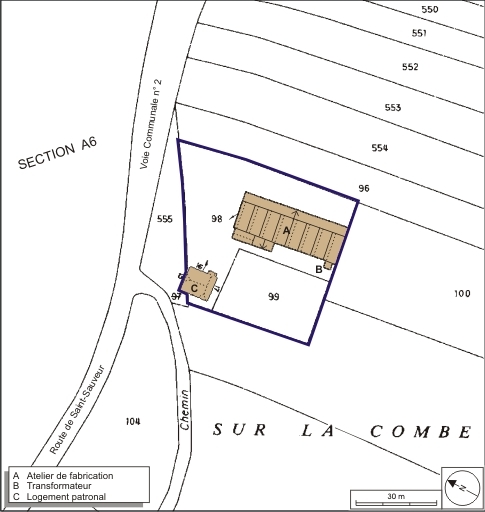 Plan-masse et de situation. Extrait du plan cadastral numérisé, 2008, section B, 1:1250 agrandi à 1:1000. Source : Direction générale des Finances Publiques - Cadastre ; mise à jour : 2008.