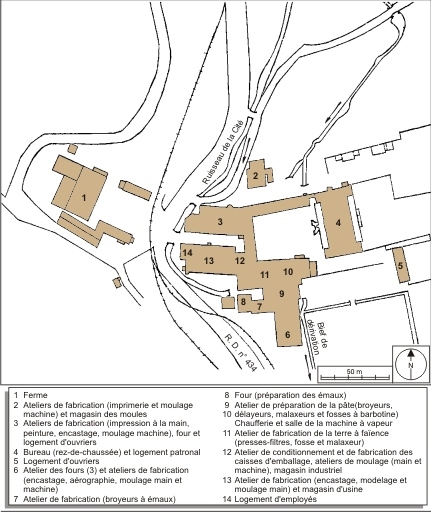 Plan-masse de la faïencerie vers 1930. Mis au net par A. Céréza.