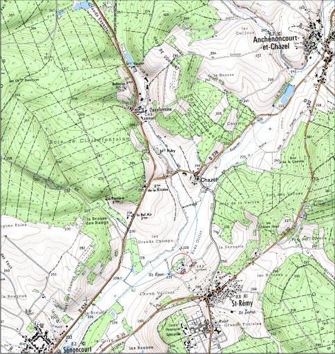 Carte de localisation. Carte topographique au 1:25000, I.G.N., Faverney, 3320 E. SCAN 25 © IGN - 2008, Licence n°2008CISE29-68.
