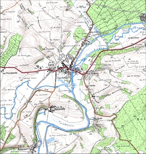 Carte de localisation. Carte topographique au 1:25000, I.G.N., Jussey, 3320 O. SCAN 25 © IGN - 2008, Licence n°2008CISE29-68.