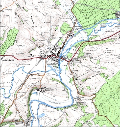 Carte de localisation. Carte topographique au 1:25000, I.G.N., Jussey, 3320 O. SCAN 25 © IGN - 2008, Licence n°2008CISE29-68.