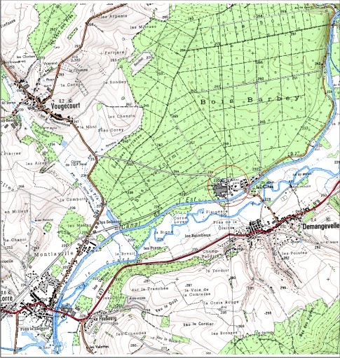 Carte de localisation. Carte topographique au 1:25000, I.G.N., Jussey, 3320 O. SCAN 25 © IGN - 2008, Licence n°2008CISE29-68.