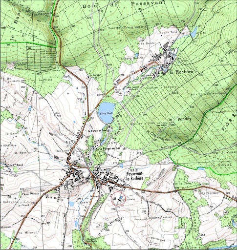 Carte de localisation. Carte topographique au 1:25000, I.G.N., Jussey, 3320 O. SCAN 25 © IGN - 2008, Licence n°2008CISE29-68.