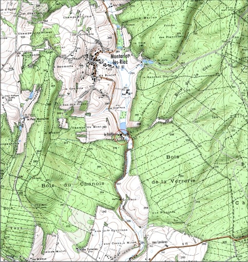 Carte de localisation. Carte topographique au 1:25000, I.G.N., Rioz, 3322 E. SCAN 25 © IGN - 2008, Licence n°2008CISE29-68.