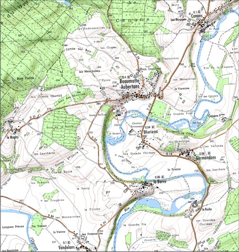 Carte de localisation. Carte topographique au 1:25000, I.G.N., Montbozon, 3422 O. SCAN 25 © IGN - 2008, Licence n°2008CISE29-68.