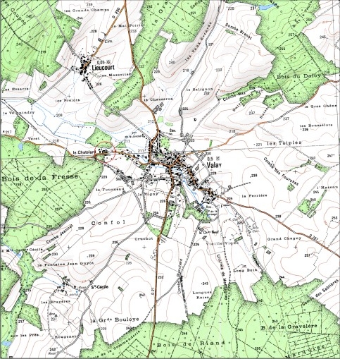 Carte de localisation. Carte topographique au 1:25000, I.G.N., Gray, 3222 E. SCAN 25 © IGN - 2008, Licence n°2008CISE29-68.