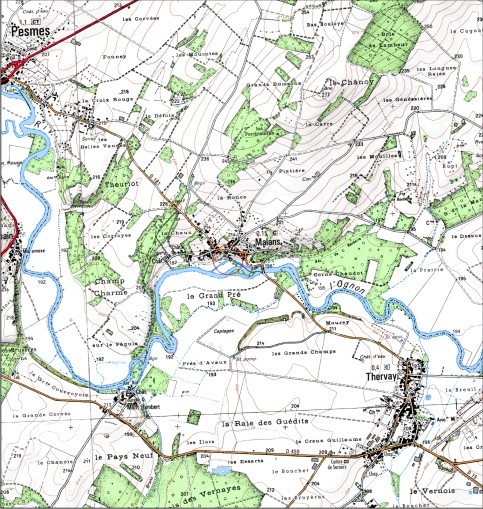 Carte de localisation. Carte topographique au 1:25000, I.G.N., Gendrey, 3223 E. SCAN 25 © IGN - 2008, Licence n°2008CISE29-68.