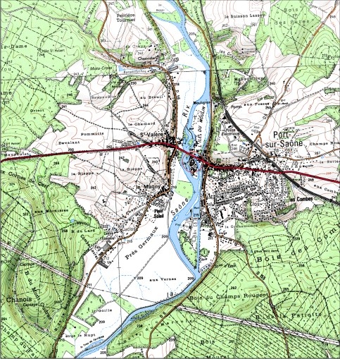 Carte de localisation. Carte topographique au 1:25000, I.G.N., Port-sur-Saône, 3321 E. SCAN 25 © IGN - 2008, Licence n°2008CISE29-68.