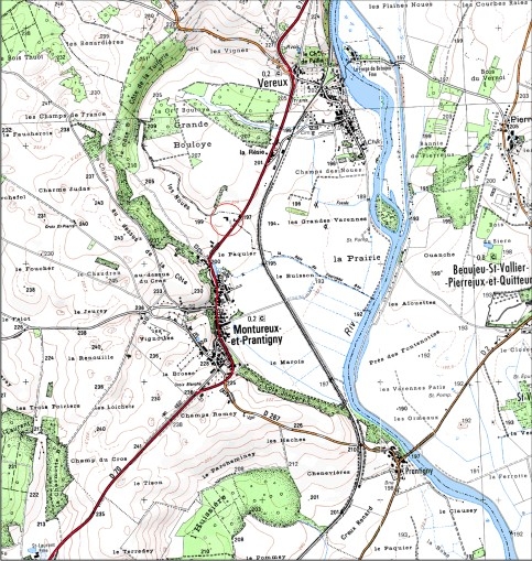 Carte de localisation. Carte topographique au 1:25000, I.G.N., Gray, 3222 E. SCAN 25 © IGN - 2008, Licence n°2008CISE29-68.